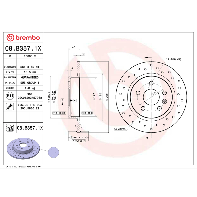 Chevrolet Cruze Brake Rotor (1) - Rear - Brembo OE - Drilled Xtra - 2015